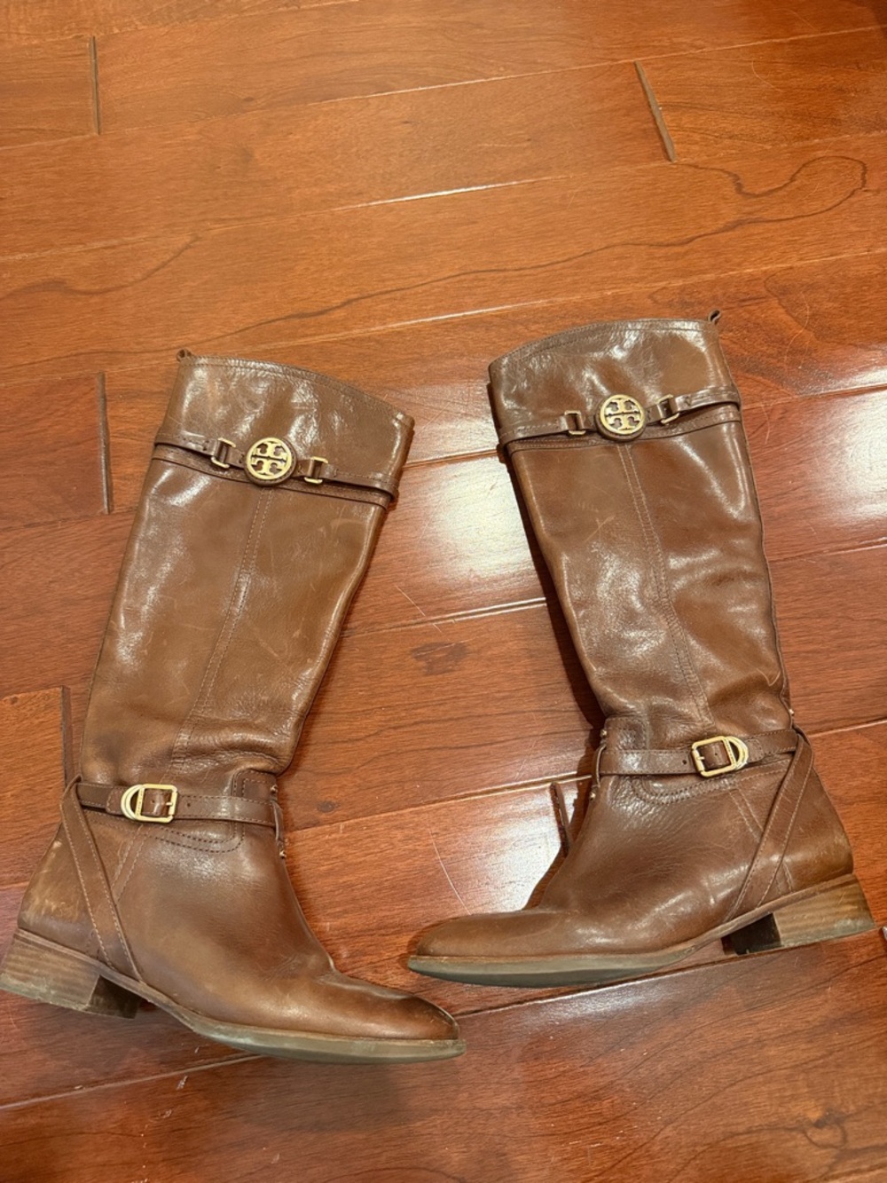 Tory Burch Chestnut Brown Leather Knee Boots with Gold Medallions